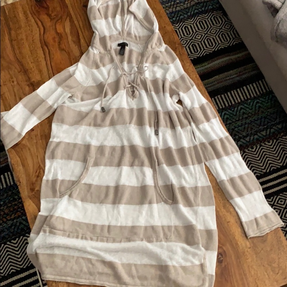 Beige & cream striped hooded swim cover up